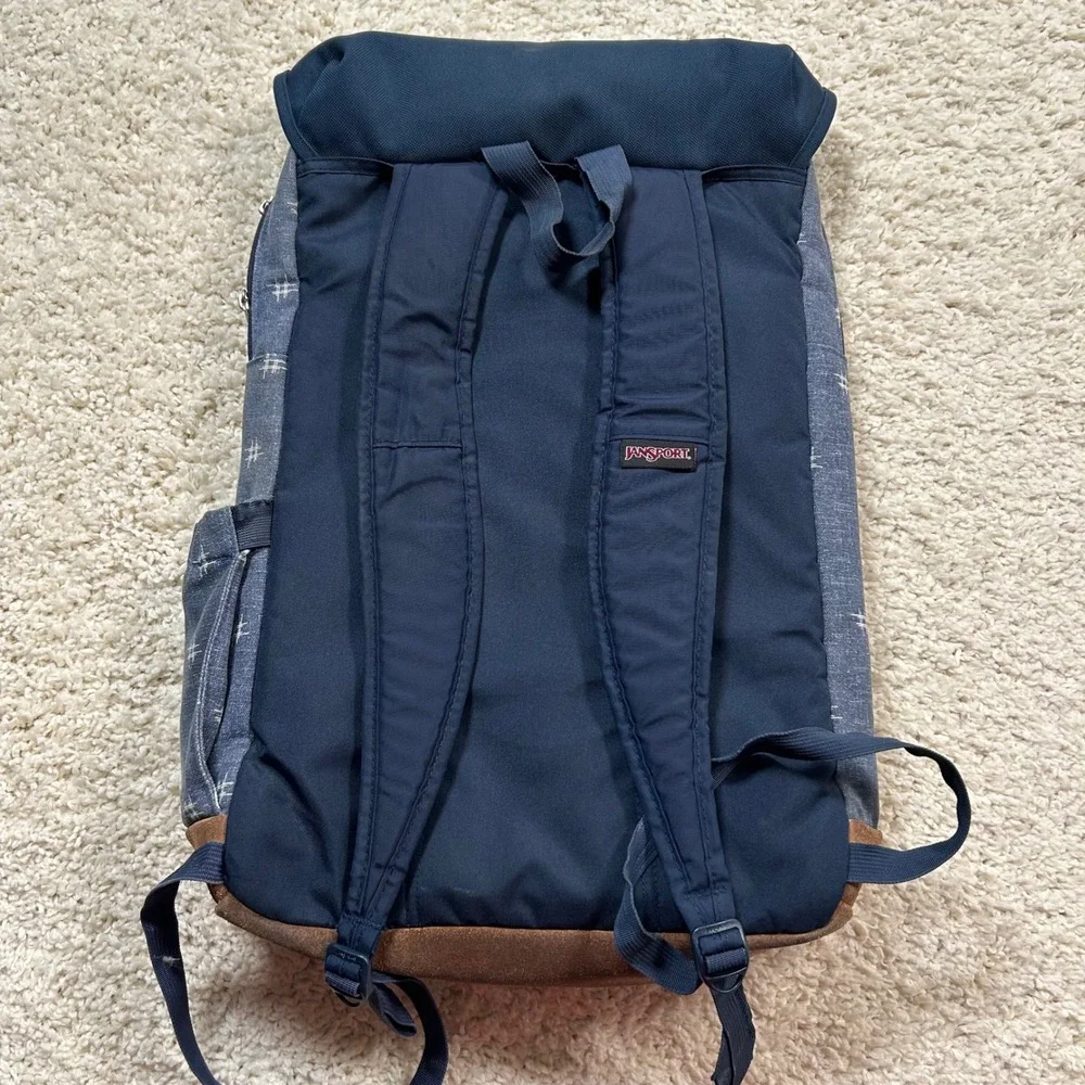 JanSport Hensley Backpack Blue Denim Hashtag Print Leather Bottom JS00T69K